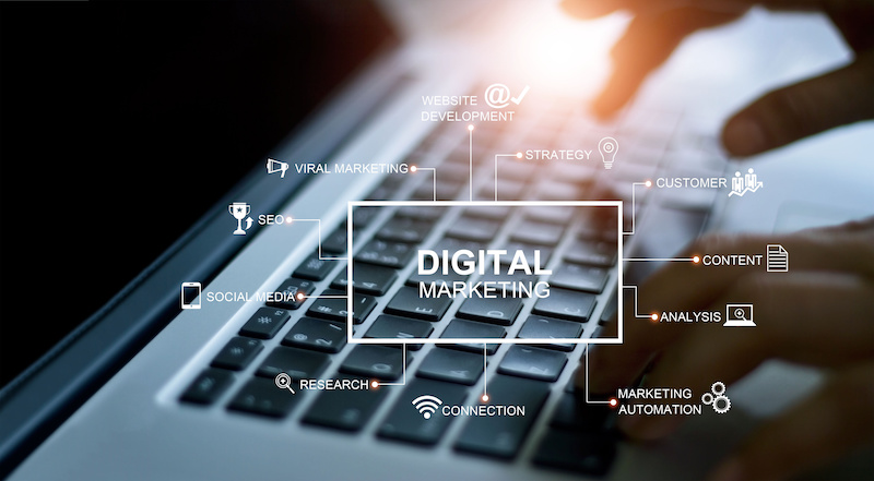 Digital marketing network connection illustration on top of keyboard