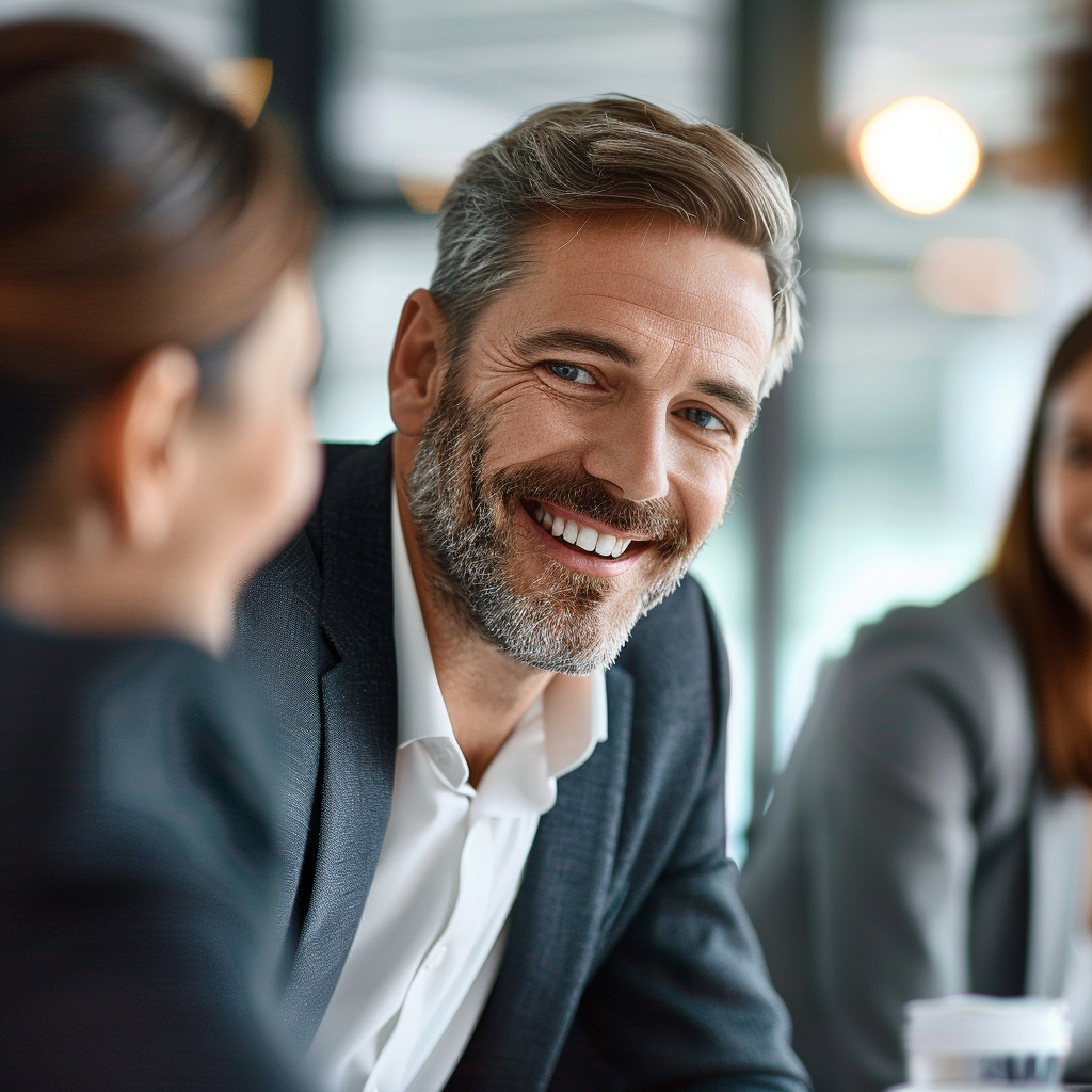 Middle-aged man, graying hair and short beard, wearing business attire, smiling during a meeting. Depiction of a digital marketing project manager.