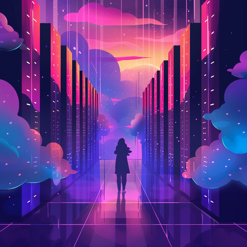Futuristic setting. An image of a person in the distance walking in between servers with clouds hovering in the area (a metaphor for cloud servers).