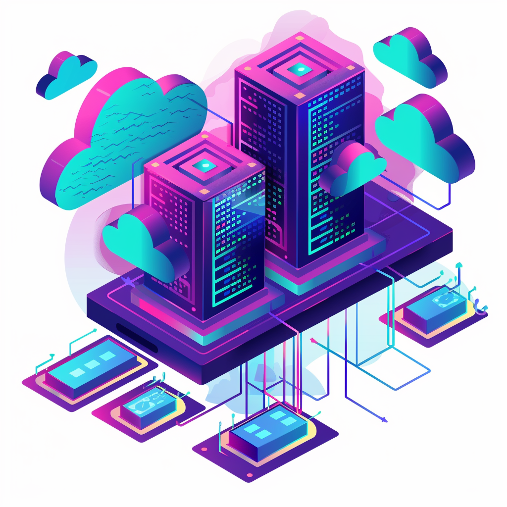 Animated - two towers with clouds above. The towers are servers, with the clouds representing cloud servers.