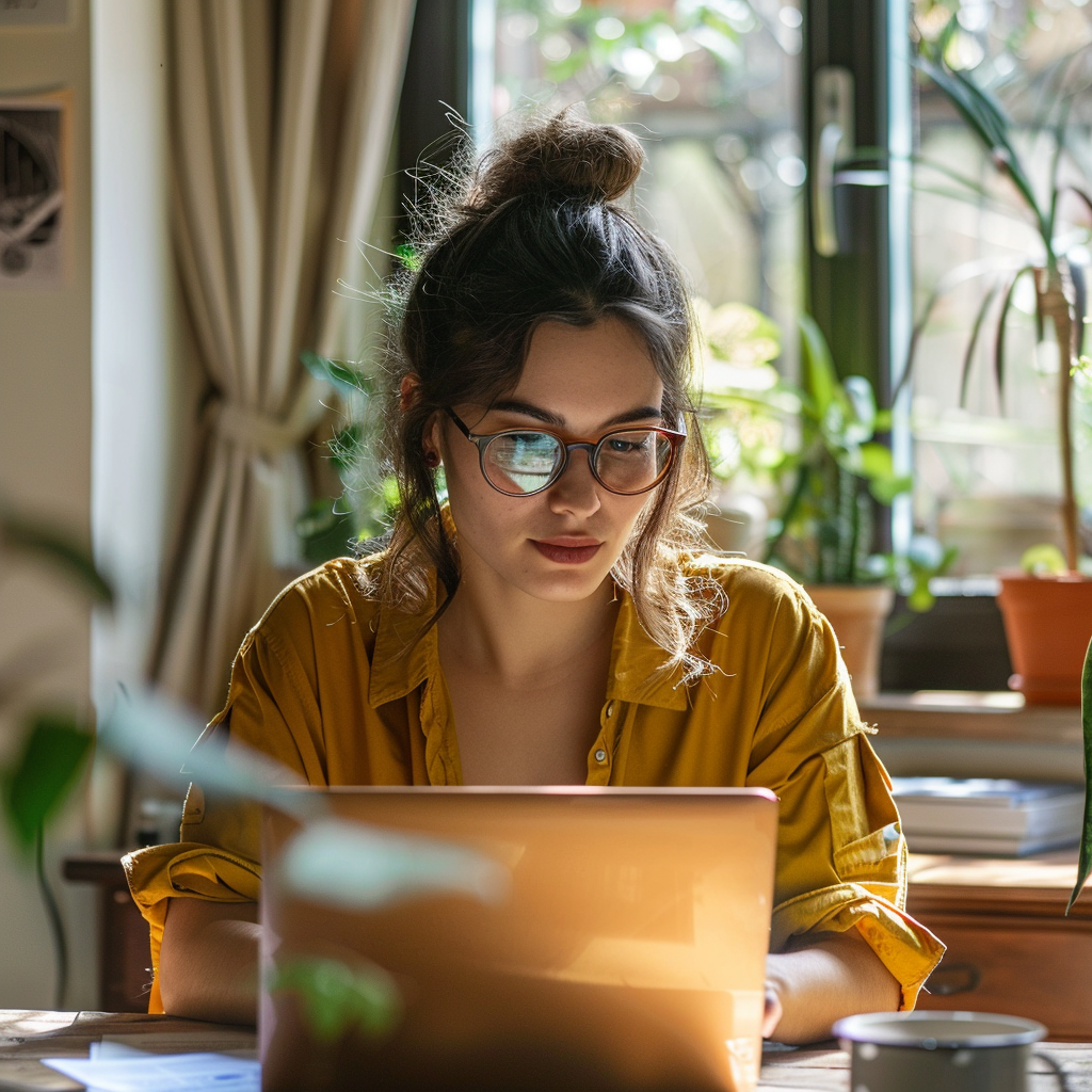 A young woman, beige shirt and brown hair pulled back, wearing glasses while working in front of her laptop at home. Daylight is fading, it is evening. This depicts digital marketing as a side hustle.