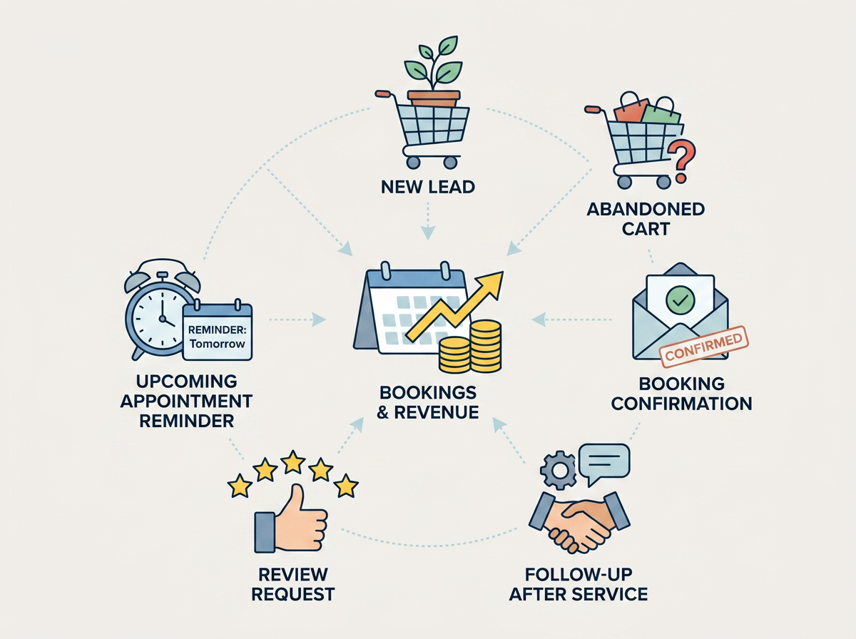 Six distinct icons, each representing a common email automation trigger (e.g., 'new lead', 'abandoned cart', 'booking confirm